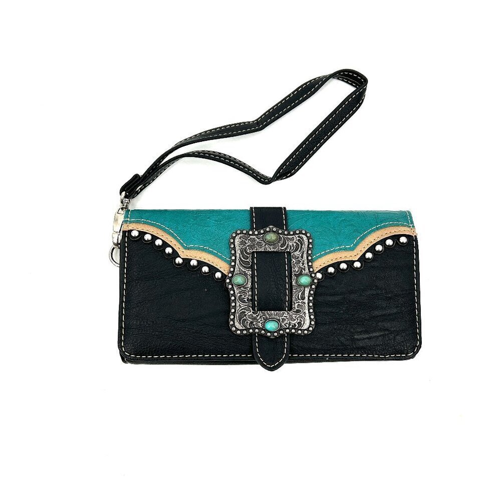 NWOT MONTANA WEST *Flawed* Black Turquoise Boho Faux Leather Metal Wallet Clutch
